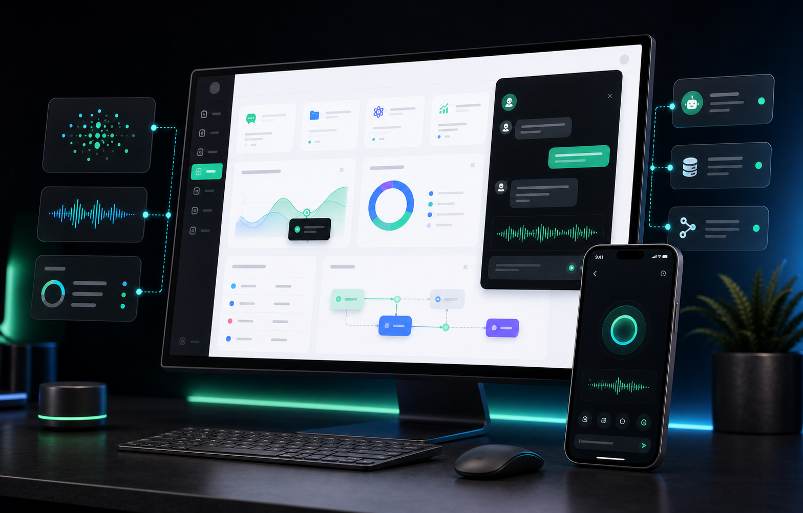 Premium AI product dashboard mockup on desktop and phone screens