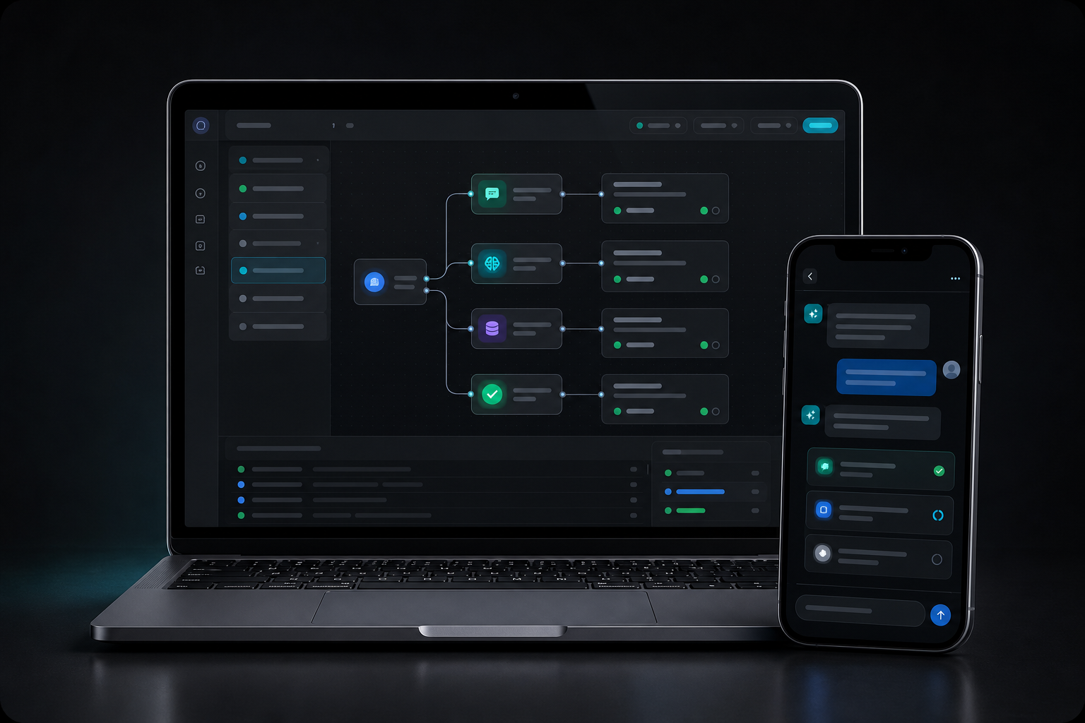 Laptop and phone mockup showing an AI automation workflow interface