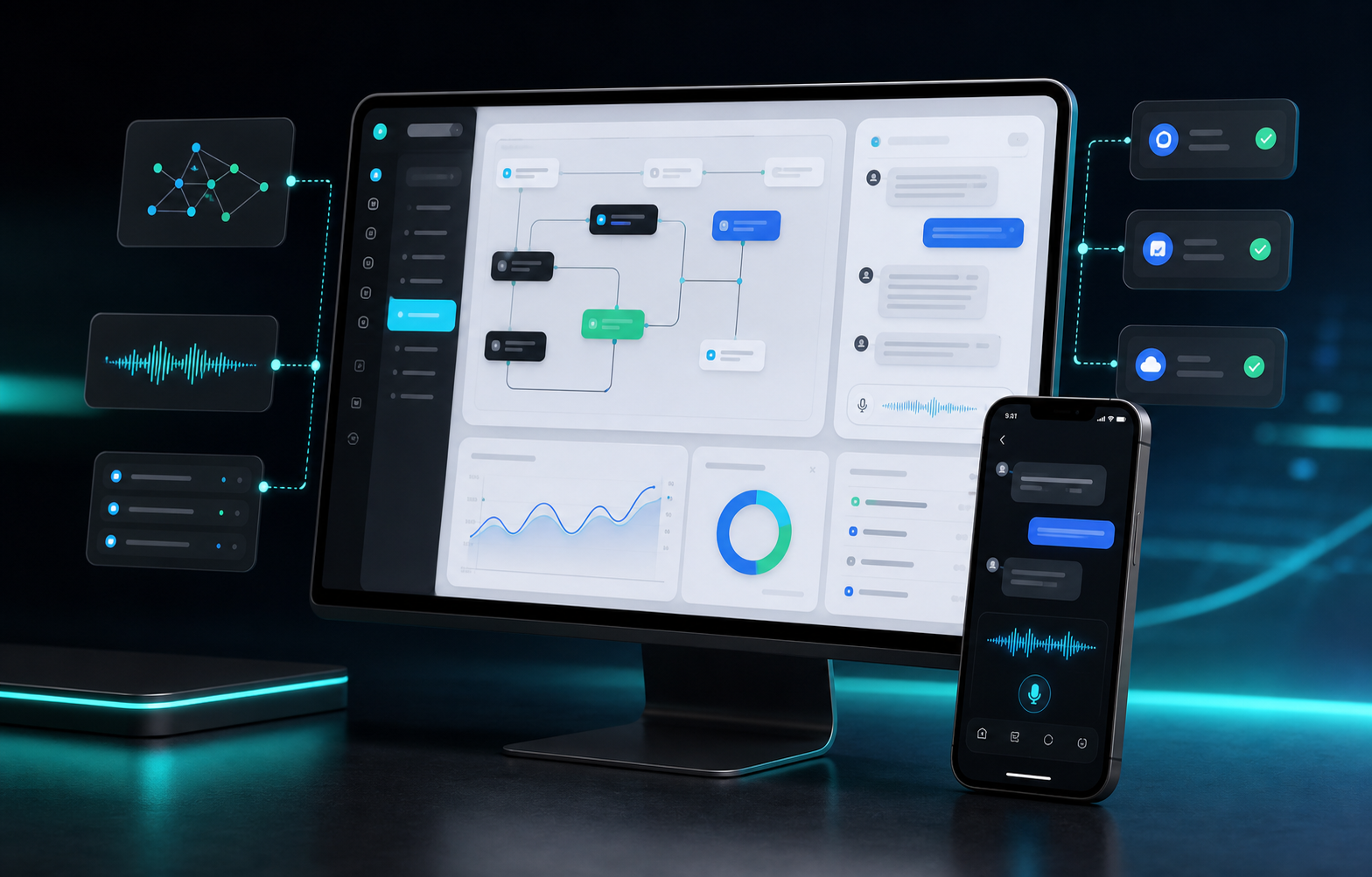Premium AI automation workflow mockup on desktop and phone screens