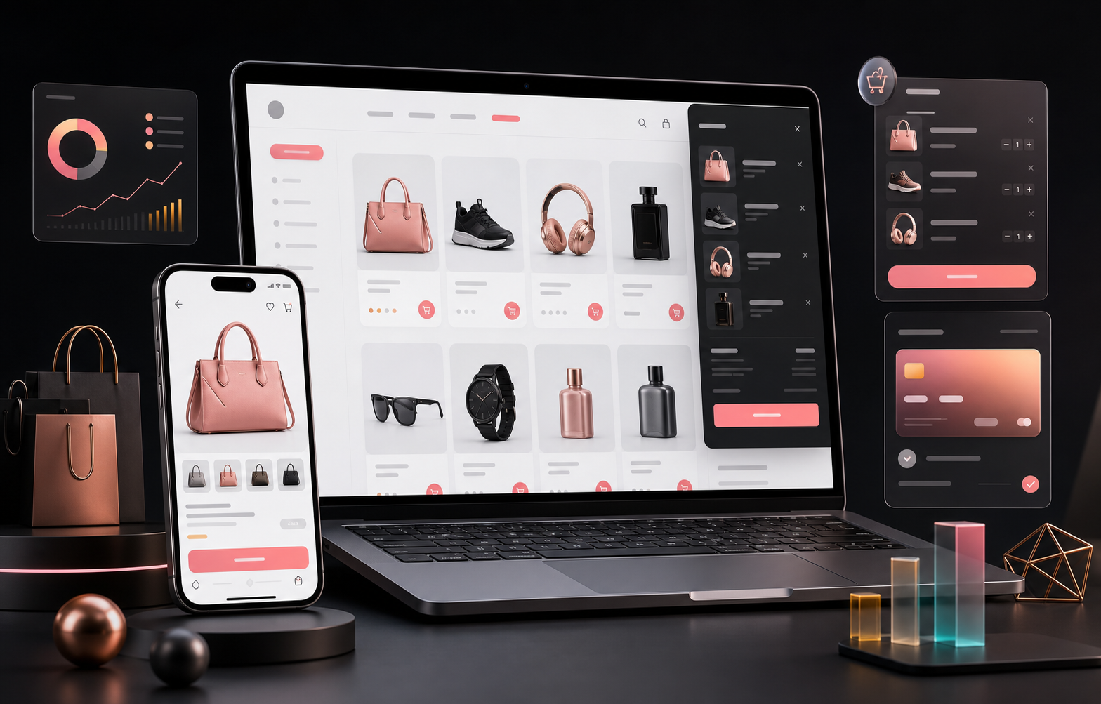 Premium e-commerce storefront mockup on laptop and phone