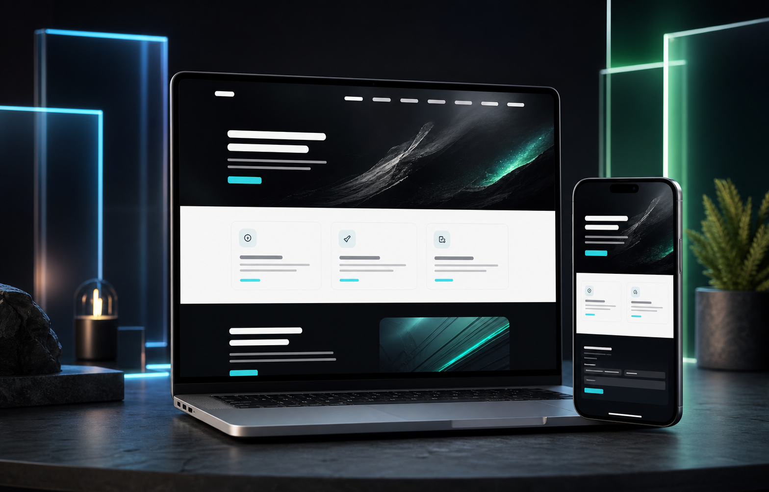 Premium responsive website mockup on laptop and phone