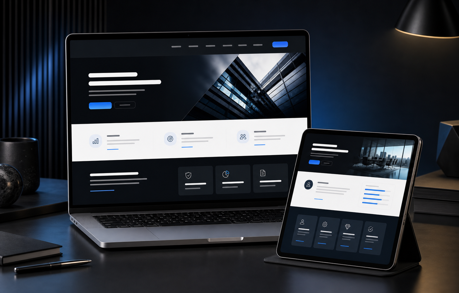 Premium consulting website mockup on laptop and tablet