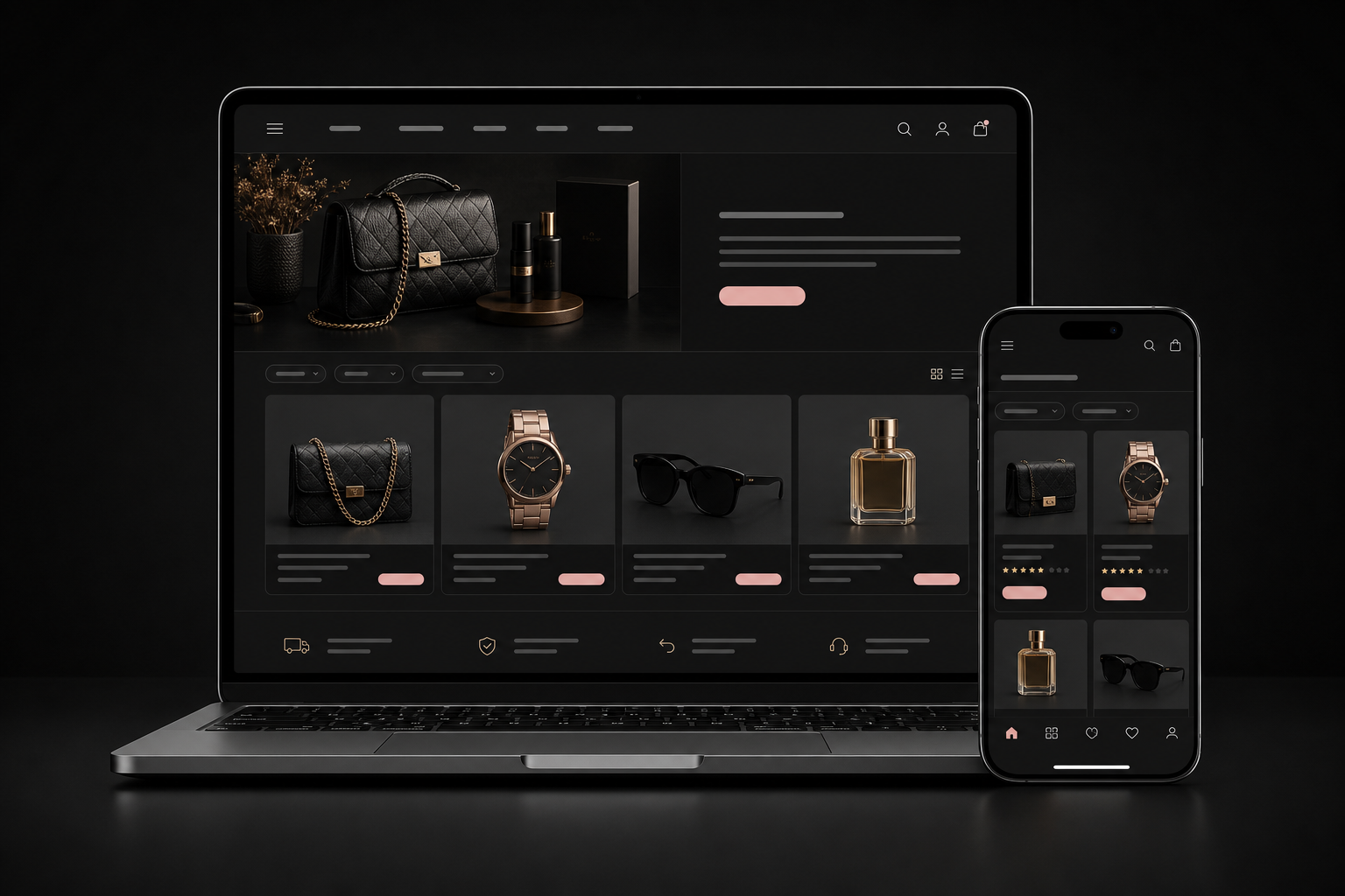 Laptop and phone mockup showing a premium e-commerce storefront