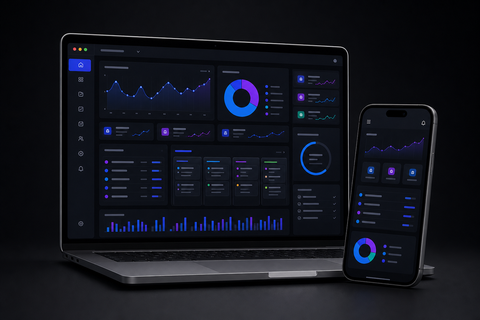 Laptop and phone mockup showing a custom dashboard and web app
